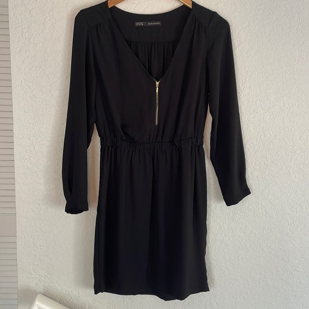 Zara Long Sleeve Black Zip Front Mini Dress LBD Pullon Shirt Dress